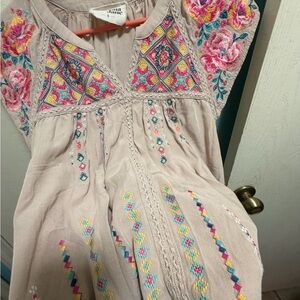 Savanna Jane Embroidered Beige Tunic with Pink, Turquoise & Yellow Accents